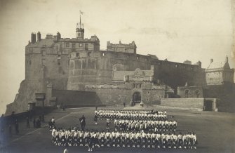 Photographic view of Edinburgh Castle showing Billing's Building in situ with pencil annotations to the royal palace tower.
