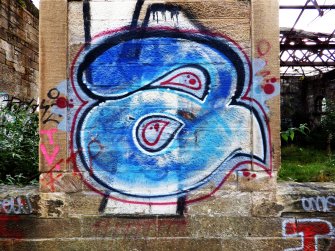 Example of graffiti on the walls (internal and external) of pump house standing on N side of graving dock no. 1.