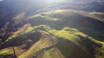 Oblique aerial view of Hallaig showing the township, cultivation remains and the sheep fank.