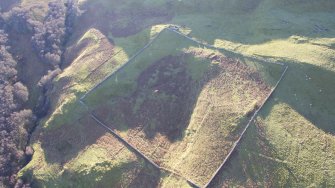 Oblique aerial view showing the crofts and overlying sheep fank at Hallaig.