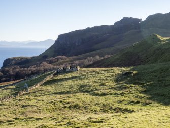 General view showing the shepherd's house and ?byre, with the sheep fank to the left. Older croft boundaries are visible as grassy scarps.