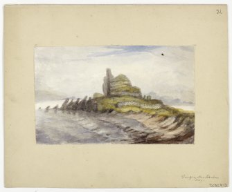 Watercolour view of Dunyvaig Castle.