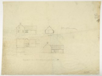 Plan, elevation and section of gardener's cottage within stables.
