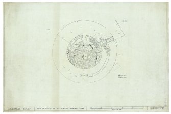 Plan of broch, marked 'Plan of broch as laid down by Mr Hewat Craw' and labelled 'Secondary occupation in broch interior.  Bad copy of ORD/18/101 with some additional features'. Broch of Gurness, Aikerness.