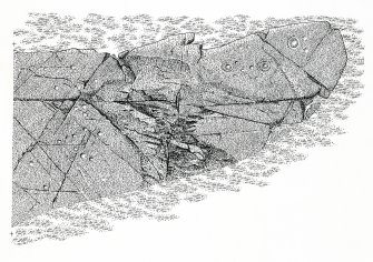 Publication drawing; cup and ring marked rock, Baluachraig 1. Photographic copy.
