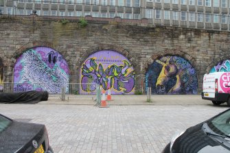 Historic building recording, General view of vault entrances from N, East Market Street Vaults, Edinburgh