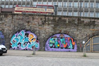 Historic building recording, General view of entrances of vaults 2-4 from N, East Market Street Vaults, Edinburgh