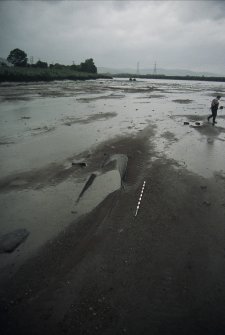 Pre-excavation photograph, Carpow Log Boat, Carpow Bank, Exposed vessel. From NE.