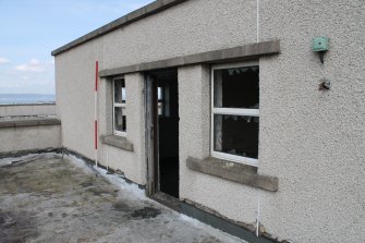 Historic building recording, Room G3/2, Detail of exterior doorway and windows from SW, Ainslie Park High School and (later) Telford College, Pilton, Edinburgh