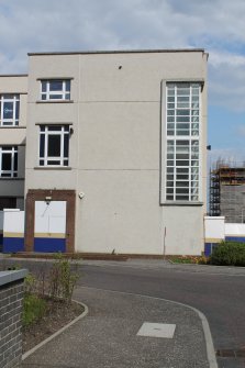 Historic building recording, Main college W elevation, Detail of stair tower to S side from SSW, Ainslie Park High School and (later) Telford College, Pilton, Edinburgh