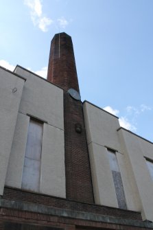 Historic building recording, Gymnasium E elevation, General view looking up at tower from SE, Ainslie Park High School and (later) Telford College, Pilton, Edinburgh