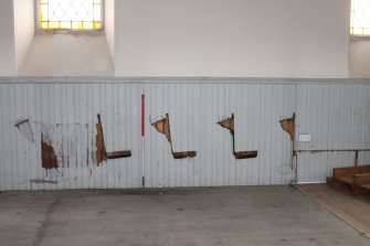 Historic building recording, Room 0/1 Detail of marks in timber panelling where pews were located from SW, Elgin South Parish Church, Moray Street, Elgin