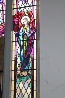 Historic building recording, Room 1/1, Detail of stained glass window in SE wall from W, Elgin South Parish Church, Moray Street, Elgin