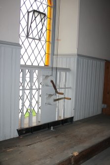 Historic building recording, Room 1/1, Detail of mechanism for operating ventilation system in ceiling on the NE wall from W, Elgin South Parish Church, Moray Street, Elgin