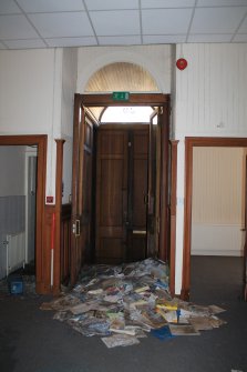 Historic building recording, Room 0/1, Detail of door in N wall from SSW, Lutton Court, Edinburgh