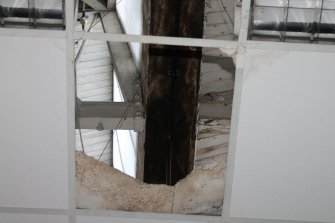 Historic building recording, Room 0/1, Detail of timber roof framing looking through the false ceiling from NE, Lutton Court, Edinburgh