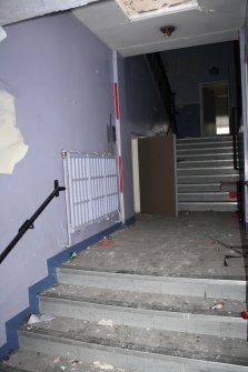 Historic building recording, Room 0/15b, Detail of linking stair and radiator from W, Curriehill Primary School, 209 Lanark Road West, Currie