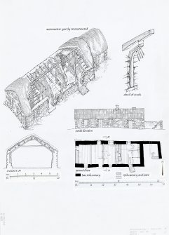 Drawing of building D composed of axonometric partial reconstruction, detail of cruck, South elevation, ground floor plan and section. Auchindrain. 
