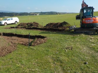 Archaeological evaluation, View of cow shed and yard area with trench 1 and 2 from SE, The Arns, Bridge of Allan