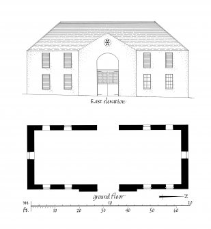 Publication drawing. Taynish House, Barn; ground floor plan and east elevation