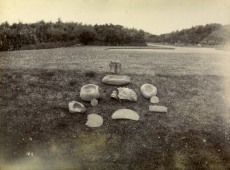 Photograph at Nybster Broch, collection of worked stone objects.