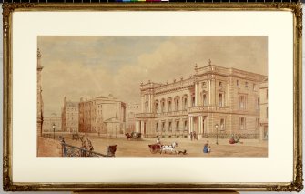 Framed perspective view from S showing street scene on George IV Bridge with (from left) Bank of Scotland, 427 High Street, County Hall and Sheriff Court House. Inscribed 'HH 1865'.