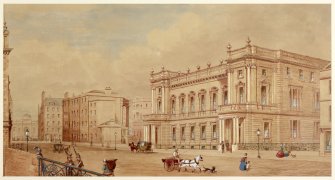 Perspective view from S showing street scene on George IV Bridge with (from left) Bank of Scotland, 427 High Street, County Hall and Sheriff Court House. Inscribed 'HH 1865'.