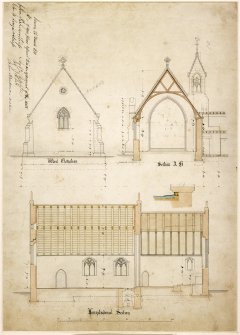 Section AB, Longitudinal section, and W elevation of Christ Church, Lochgilphead
