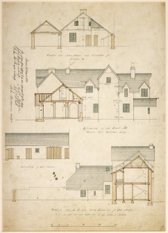 Lochgilphead, Bishopton Road, Christ Church, Rectory. Section through coach house, and elevation of kitchen.  E elevation, and section through entrance lobby.  Elevation of out house.  Section through AB, and N elevation of out house.