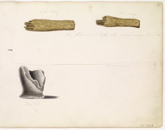 Drawing showing clay cup and bone combs from the East Broch of Burray, Orkney.