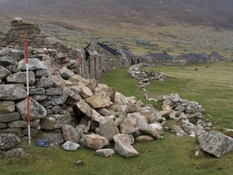 Watching brief, Image of collapse before commencement of repair works from W, Repairs to S Wall and Gable, Blackhouse G, St Kilda