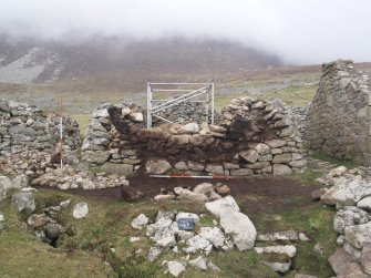 Watching brief, Record shot of blackhouse after clearance of rubble, limit of excavation, sections A/B from S, Repairs to S Wall and Gable, Blackhouse G, St Kilda
