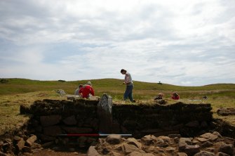 Excavation, Trench B, Turf reconstruction walling from S, Blasthill Chambered Tomb, 2009