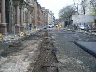 Watching brief, General shot outside 121 Constitution St- showing tram tracks from S, Constitution Street improvements, Leith