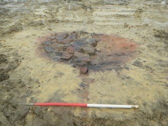 Archaeological excavation, Detail, E side of Kiln [001] from W, Darnley Mains