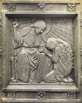 Detail of carved door panel, St Baldred's Episcopal Church, North Berwick.