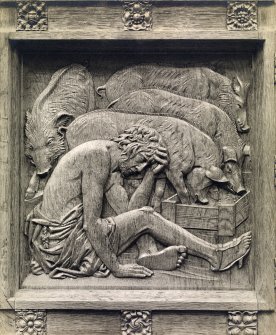 Detail of carved door panel, St Baldred's Episcopal Church, North Berwick.