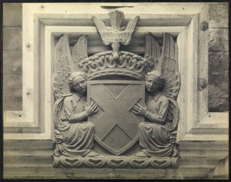 View of panel above entrance door, University Library, St Andrews.