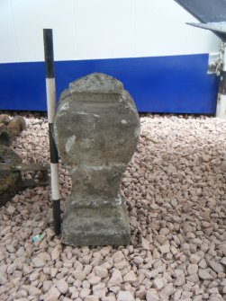 Archaeological monitoring, Detail of stone pediment recovered from the bank, Southbank Road, Kirkintilloch
