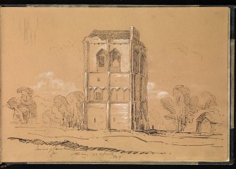 Drawing of Cambuskenneth Abbey inscribed 'Ruins of Cambuskenneth Stirling 22 April 1839'.