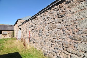 Historic building survey, E-range, W-facing elevation, oblique shot, Crunklaw Steading, near Duns, Scottish Borders