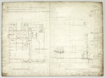 Edinburgh, 47, 48, 49, 50, 51, 52 Princes Street, Jenners.
Plan of first floor and longitudinal section on the line AB.
Titled: 'Shops Nos. 50, 51 And 52 Princes Street, The Premises Of Messrs. Jenner & Co.'   'Plan Of First Floor & Section AB'.
Insc: 'Drawing No.2'.   'James B. Dunn A.R.S.A. F.R.I.B.A., 14 Frederick Street, Edinburgh, 18 Feb. 1922'.