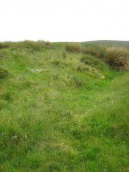 Field survey of planting areas and receptors, SM2186, Finnarts Hill enclosure, bank and ditch, from NE, Glen App Wind Farm, South of Ballantrae, South Ayrsh