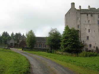 Field visit, Delgatie Castle Chapel from S, Greeness Wind Farm, Aberdeenshire