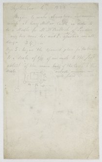 Verso inscribed 'September 4. 1822. Began to make observations and measurements of Craigmillar Castle in order to do a Modle for Mr M W Bulloch of London. My two sons G. and F. [...] on all days, 3G:. Sept 5 began the ground plan for the modle to a scale of 1/10 of an inch to the foot extent of the main body of the Castle to this scale outside measure not well fixed. AN'.