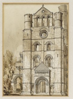 Perspective view from N of N transept, Kelso Abbey by R W Billings that was reproduced in The Baronial and Ecclesiastical Antiquities of Scotland.