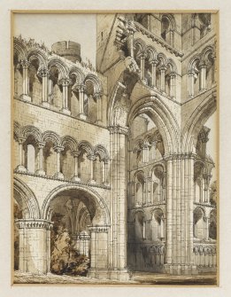 Perspective view from NE of Kelso Abbey by R W Billings that was reproduced in The Baronial and Ecclesiastical Antiquities of Scotland.