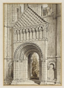 Perspective view from N of doorway, N transept, Kelso Abbey by R W Billings that was reproduced in The Baronial and Ecclesiastical Antiquities of Scotland.