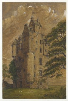 Perspective view of Amisfield Tower inscribed WL 1886. See DC 67828 for etching of same castle.