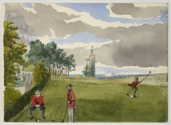 Perspective view of golfers on Leith Links with Martello Tower in background. 